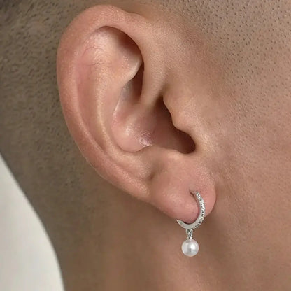 Trendsetting 925 Silver Hip-Hop Pearl Diamond Encrusted Huggie Earrings Unisex