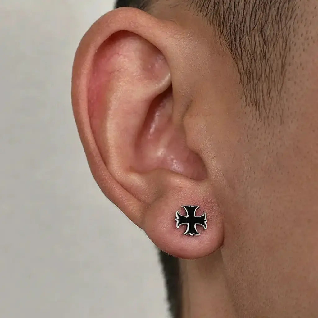 Iron cross stud earring in black and silver