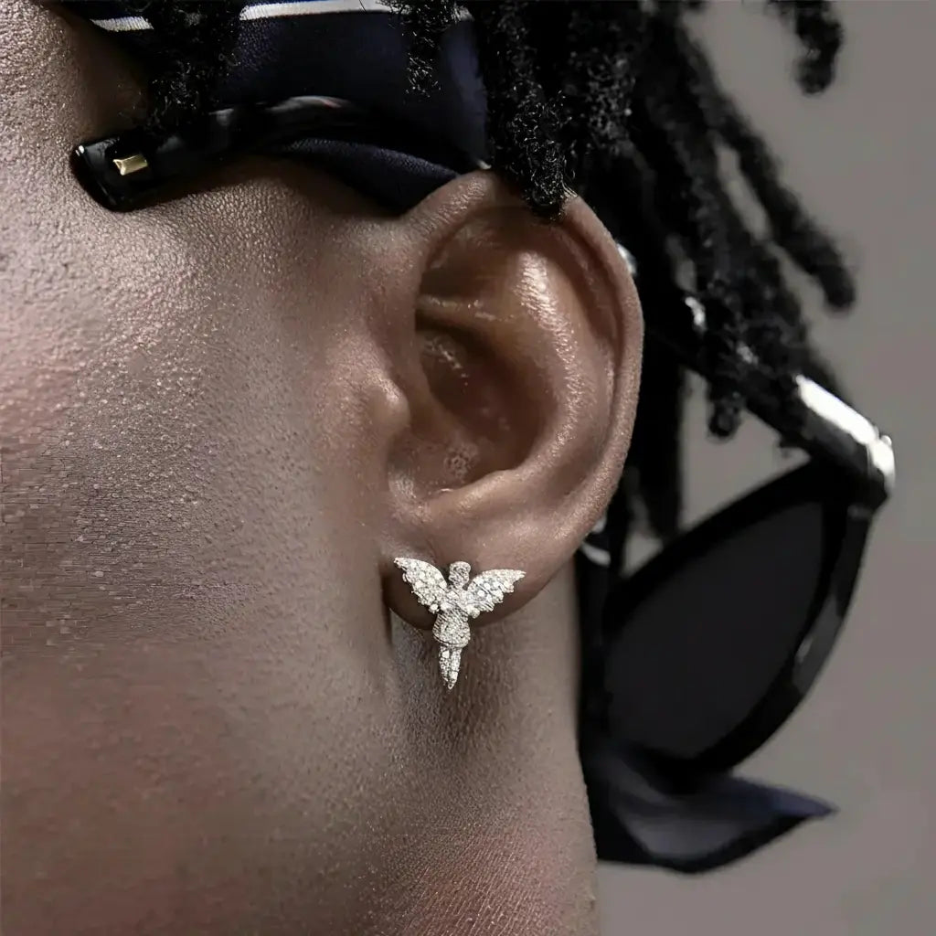 Bold S925 Sterling Silver Angel Wing Studs: Dazzling Diamond Hip-Hop Streetwear