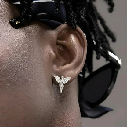 Bold S925 Sterling Silver Angel Wing Studs: Dazzling Diamond Hip-Hop Streetwear