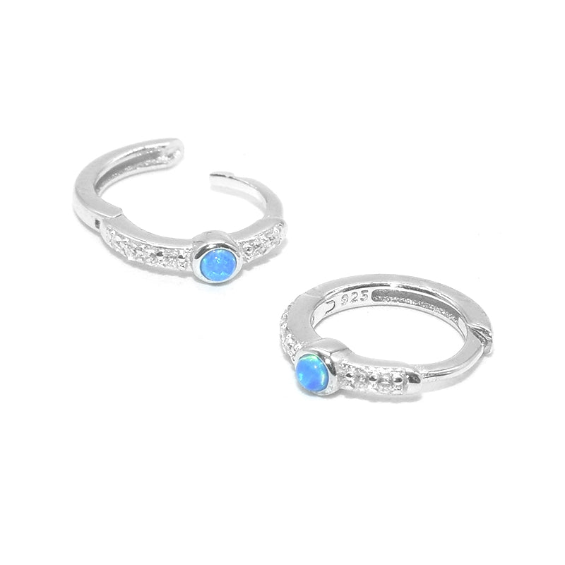 TWO LEAVES S925 Sterling Silver Blue Opal Diamond Hoop Earrings Unisex