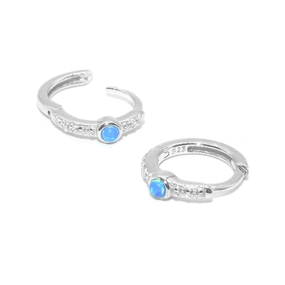 TWO LEAVES S925 Sterling Silver Blue Opal Diamond Hoop Earrings Unisex