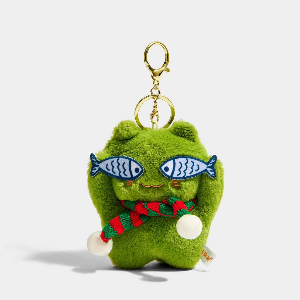 Adorable Green Plush Cat Bag Charm Keychain with Glasses and Fish Pendant