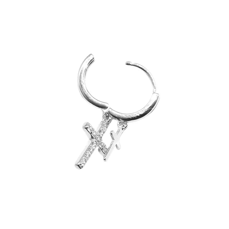 S925 Sterling Silver Double Cross Hip-Hop Hoop Earrings for Men Women