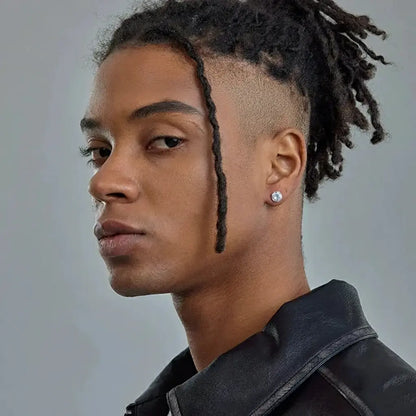 Black leather jacket with silver stud earring