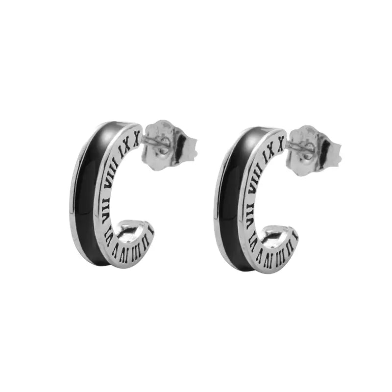 Bold S925 Sterling Silver Vintage Roman Numeral C-Hoop Ear Studs Unisex