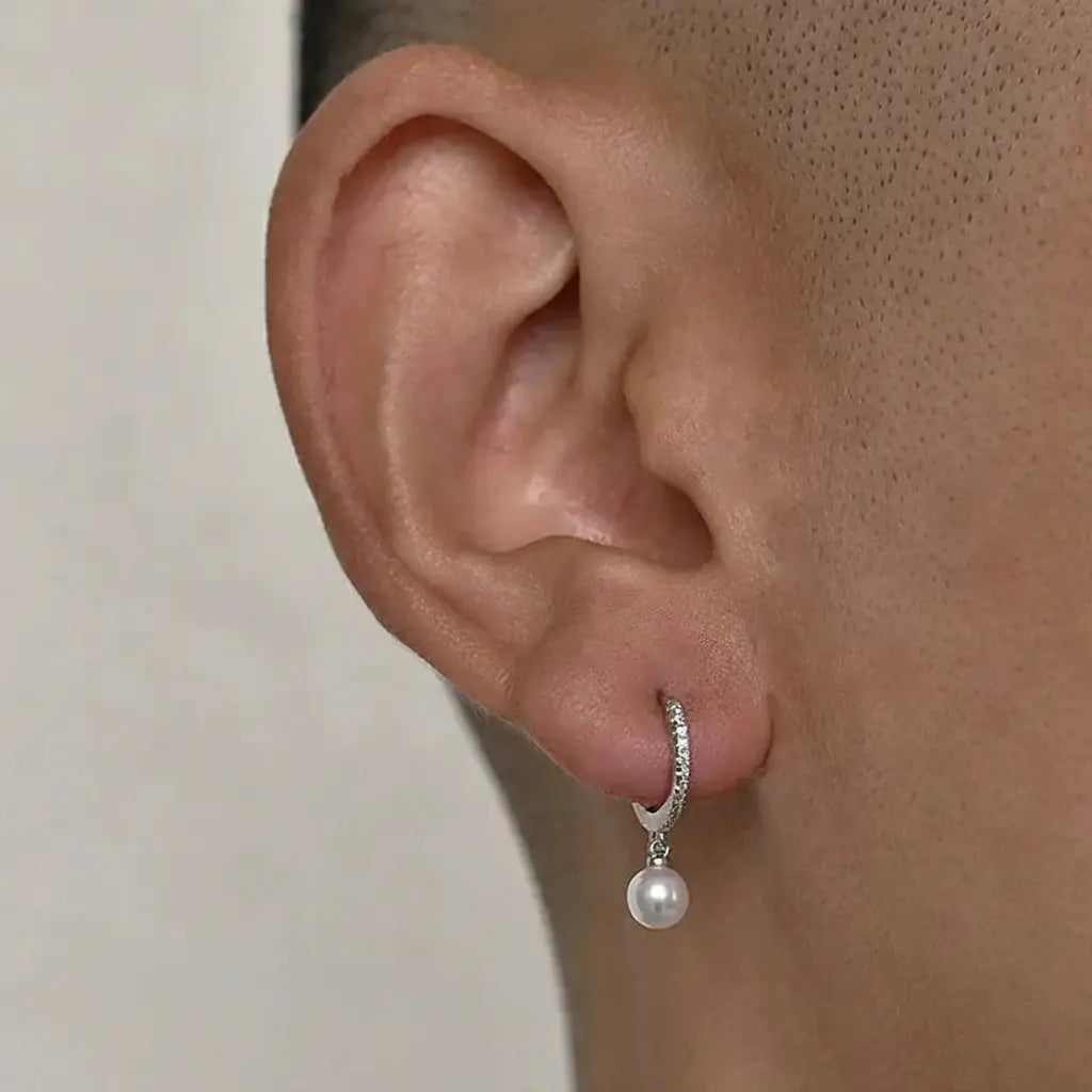 Trendsetting 925 Silver Hip-Hop Pearl Diamond Encrusted Huggie Earrings Unisex