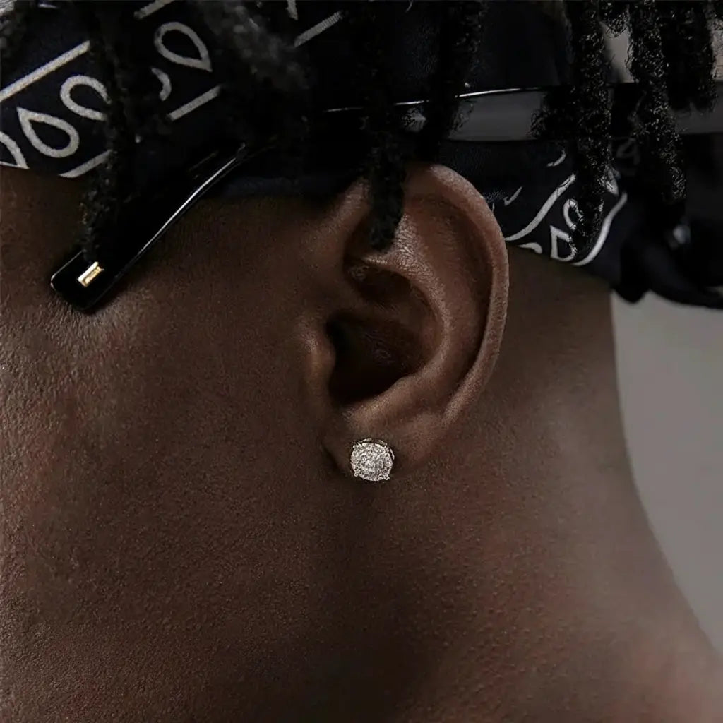 TWO LEAVES S925 Sterling Silver Hip-Hop Round CZ Stud Earrings, Unisex Street Style Bling