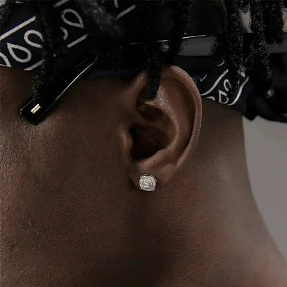 TWO LEAVES S925 Sterling Silver Hip-Hop Round CZ Stud Earrings, Unisex Street Style Bling