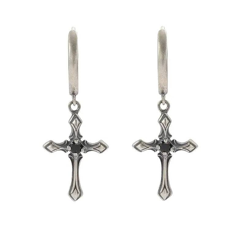 TWO LEAVES S925 sterling silver antique black diamond cross earrings Gothic street men and women trendy ear buckles
