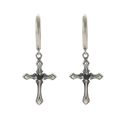 TWO LEAVES S925 sterling silver antique black diamond cross earrings Gothic street men and women trendy ear buckles