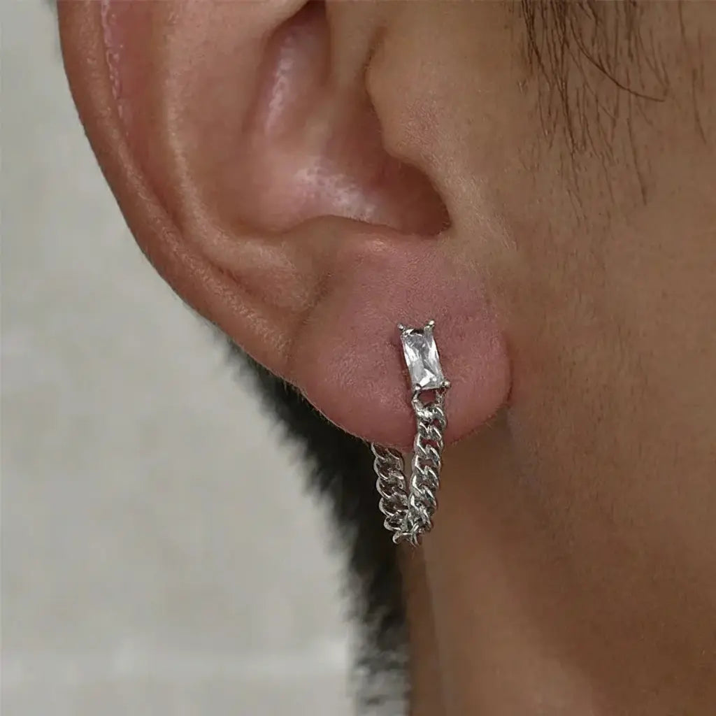 Rectangular zirconium, small design earrings for men and women with tassels, silver 925 sample