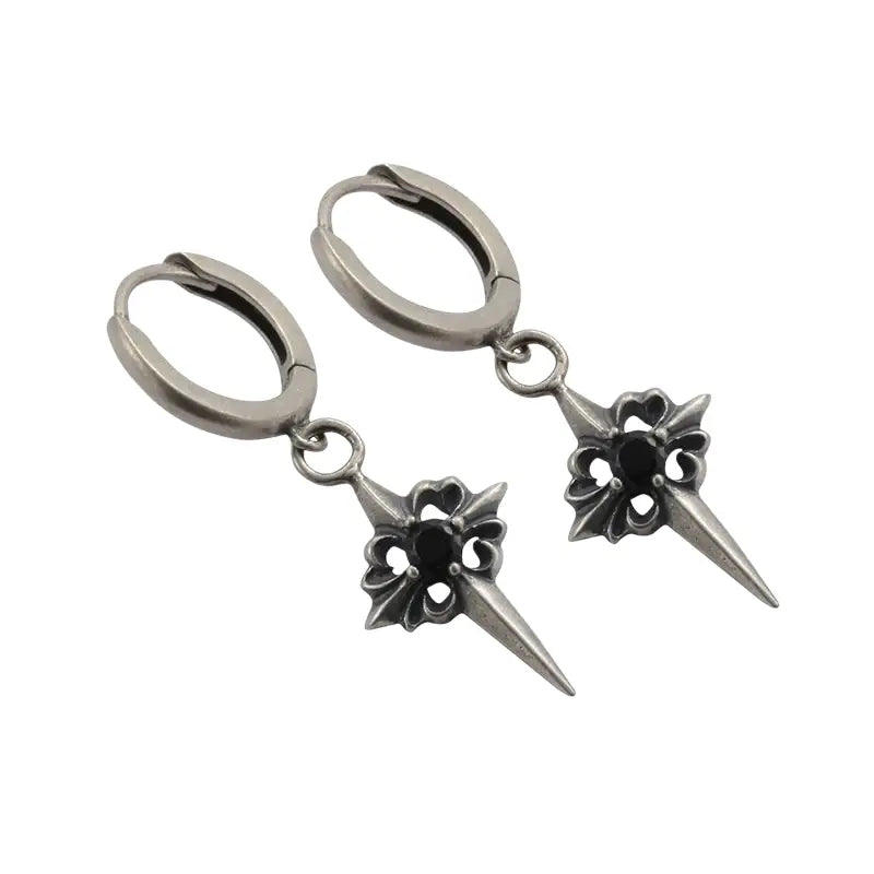 TWO LEAVES S925 sterling silver retro old Polaris earrings street gothic black diamond men's and women's earrings