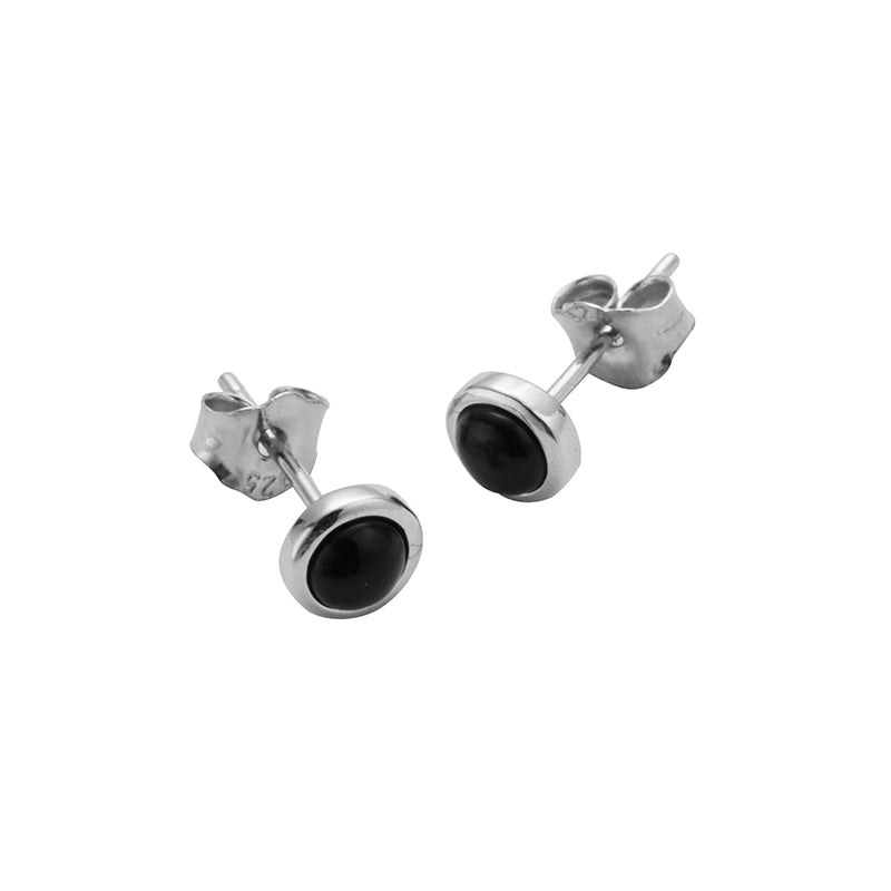 Silver stud earrings with black onyx stones, minimalist design