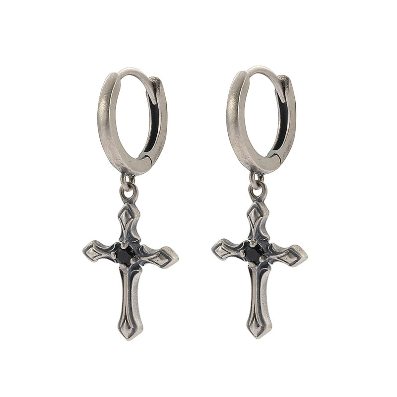 Silver cross earrings with black accents