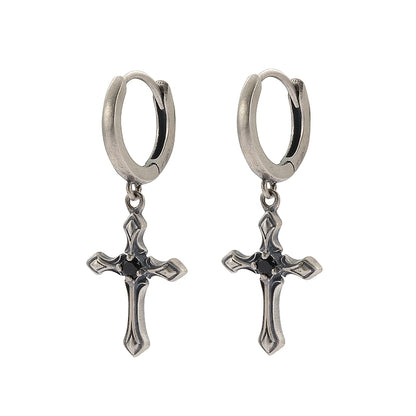 Silver cross earrings with black accents