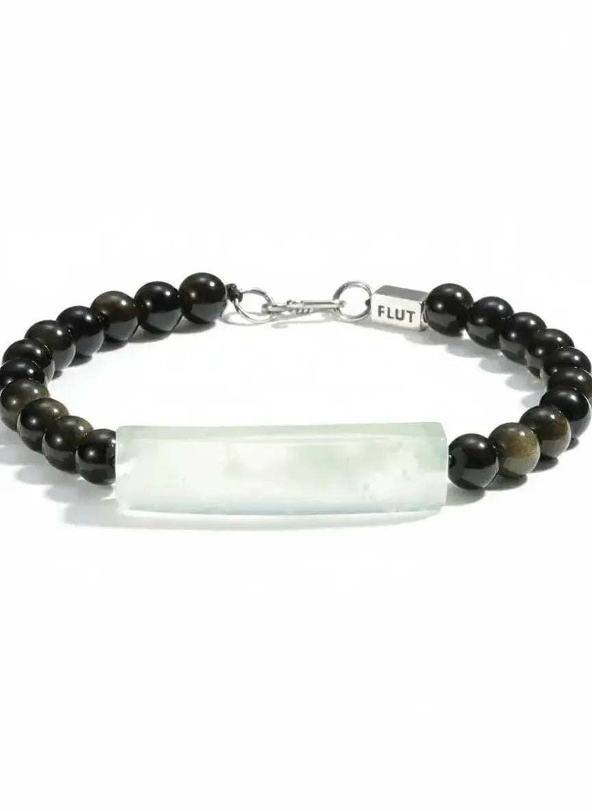 White jade and black bead bracelet with silver clasp, flut brand