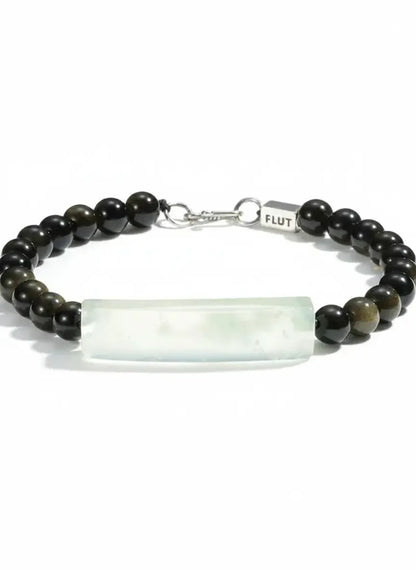 White jade and black bead bracelet with silver clasp, flut brand