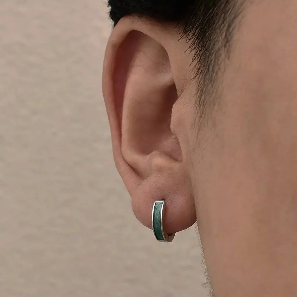 TWO LEAVES S925 Sterling Silver Green Pattern Hip-Hop Unisex Hoop Earrings