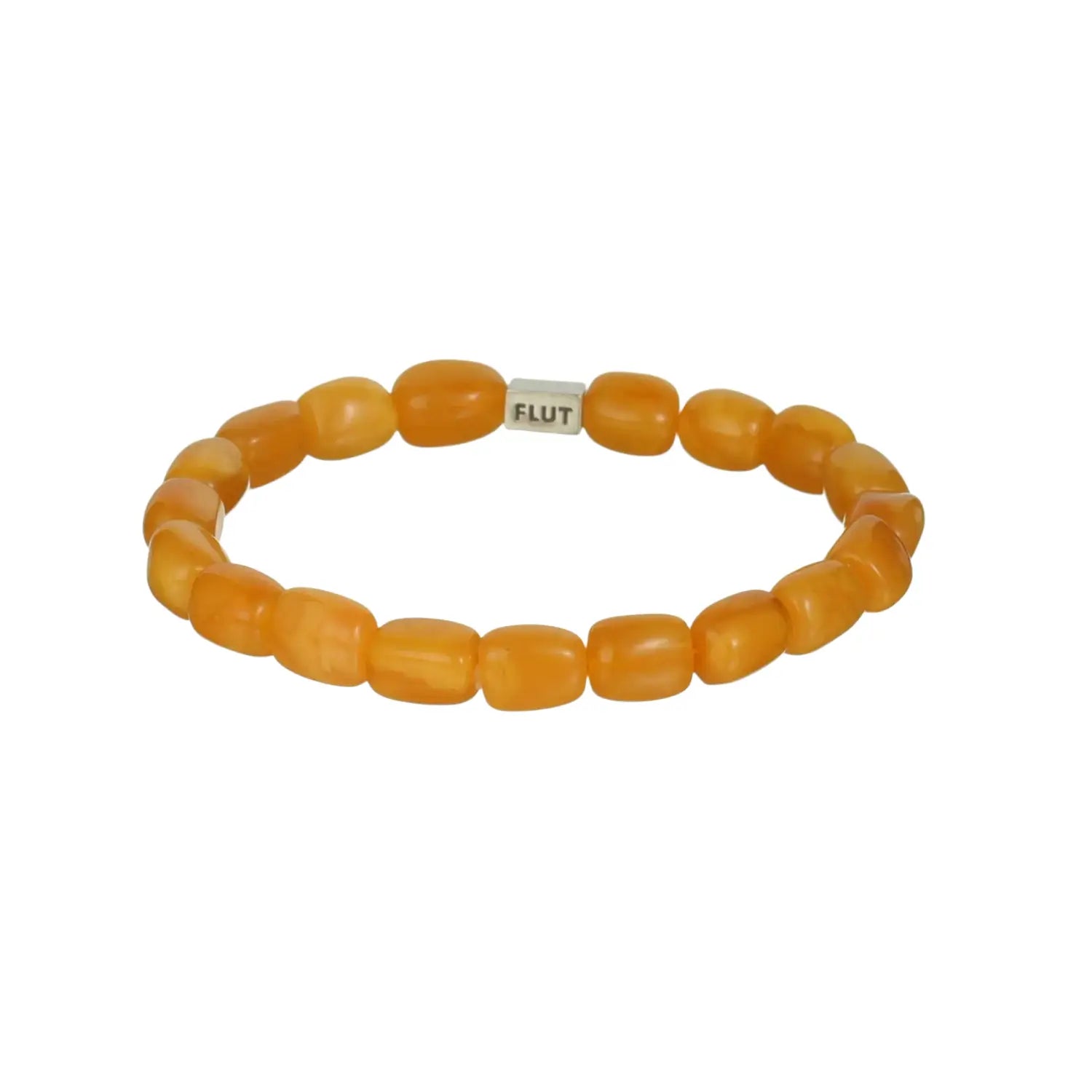 Orange beaded bracelet with a smooth texture and silver ’flut’ tag