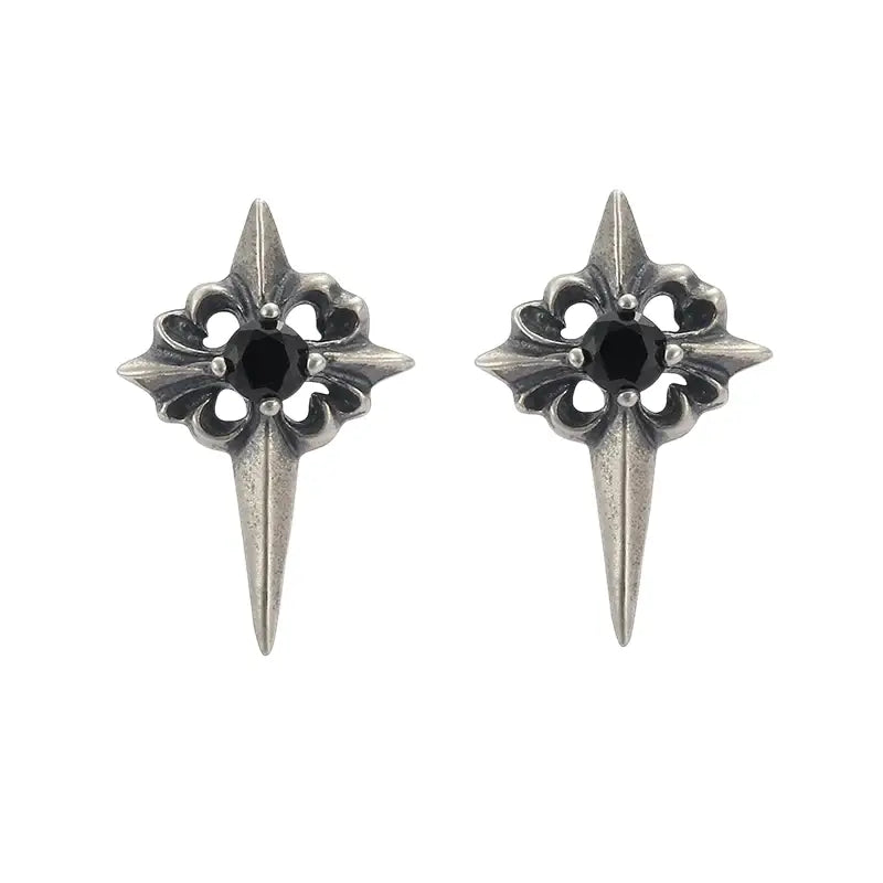 TWO LEAVES S925 sterling silver retro old Polaris earrings black diamond street gothic style earrings for men and women