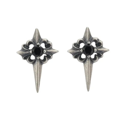 TWO LEAVES S925 sterling silver retro old Polaris earrings black diamond street gothic style earrings for men and women