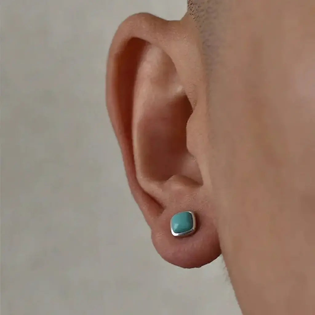 Bold Turquoise Square Stud Earrings, 925 Sterling Silver, Unisex Trendy Jewelry