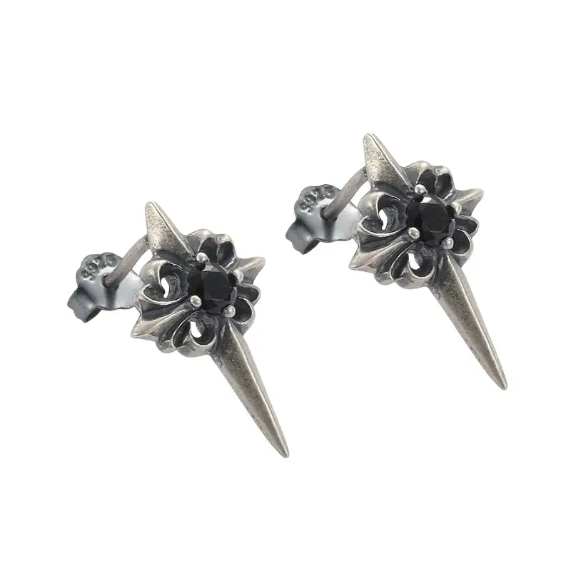 TWO LEAVES S925 sterling silver retro old Polaris earrings black diamond street gothic style earrings for men and women