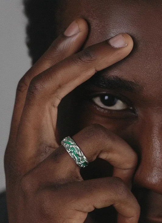 LUXTA 纯银绿冰川戒指 嘻哈男高级感指环 开口可调