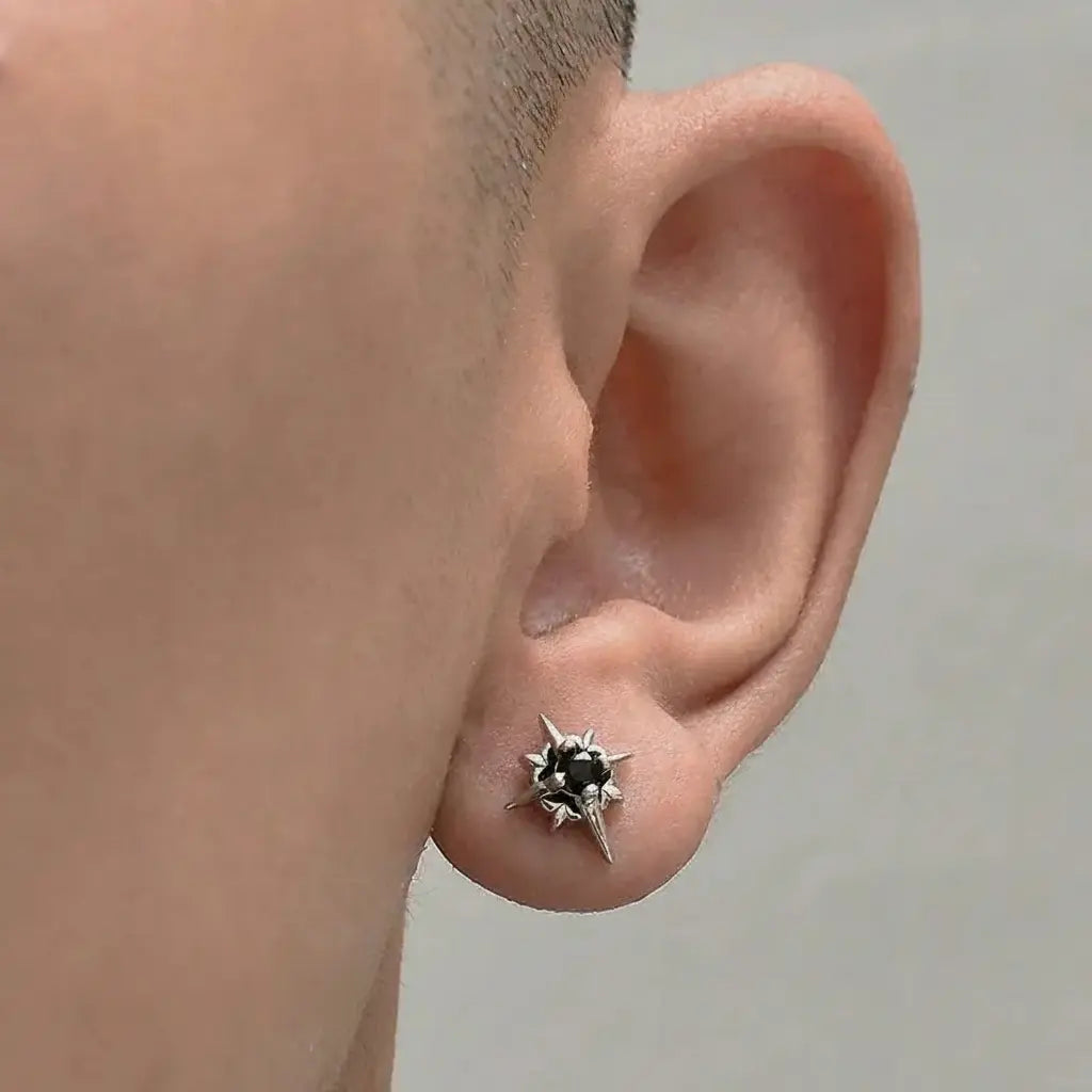 S925 Sterling Silver Eight-Pointed Star Stud Earrings - Unisex Hip-Hop Style