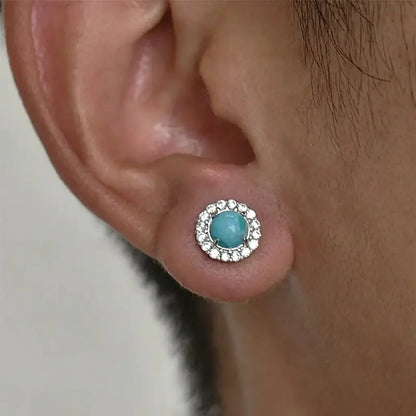 Turquoise small design fashionable earrings for men and women, silver 925 sample, diamond encrusted