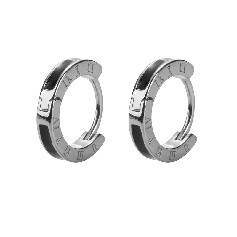 TWO LEAVES S925 Sterling Silver Black Roman Numeral Unisex Trend Hoop Earrings