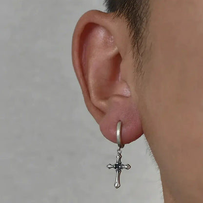 Silver cross hoop earring with black accents