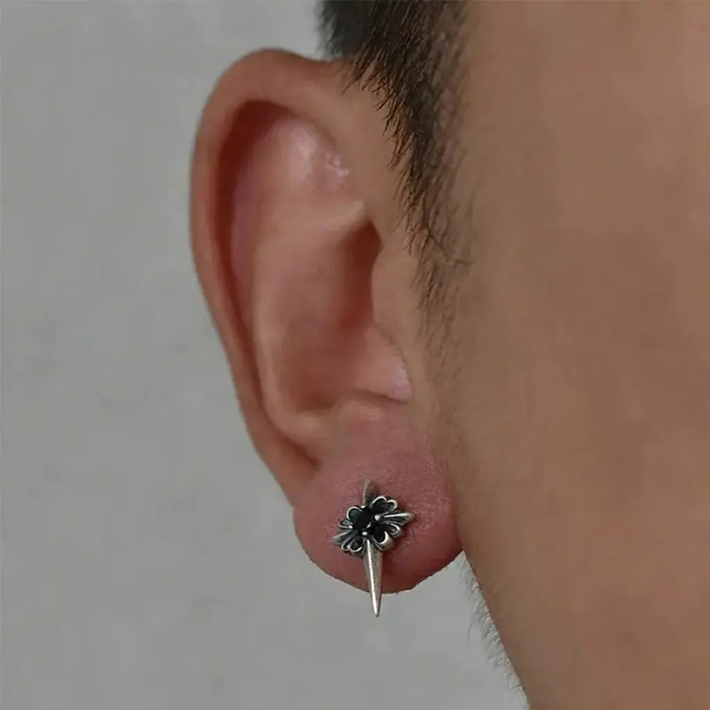 TWO LEAVES S925 sterling silver retro old Polaris earrings black diamond street gothic style earrings for men and women