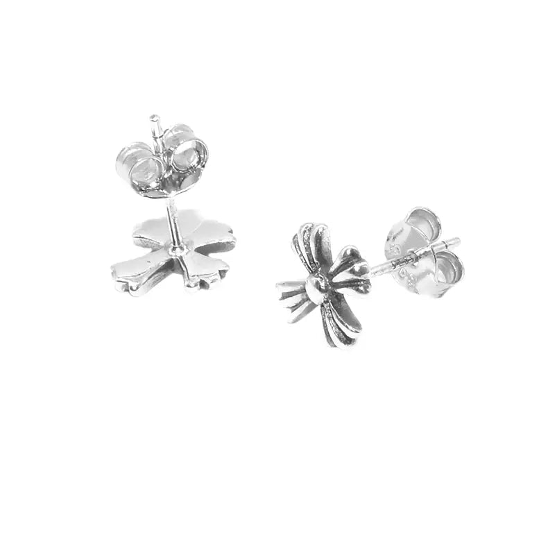 S925 Sterling Silver Distressed Cross Stud Earrings – Unisex Retro Street Style