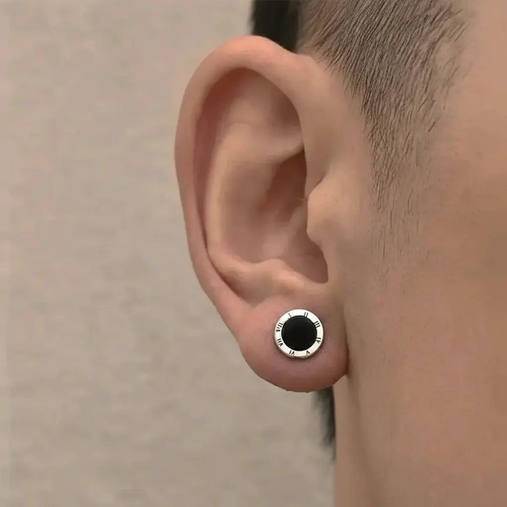 Bold S925 Sterling Silver Black Agate Roman Numeral Stud Earrings - Unisex Style Statement