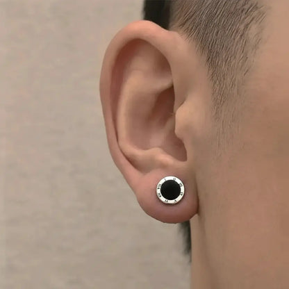 Bold S925 Sterling Silver Black Agate Roman Numeral Stud Earrings - Unisex Style Statement