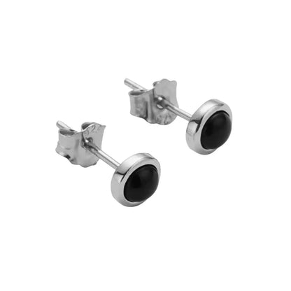 Silver stud earrings with black onyx stones, minimalist design
