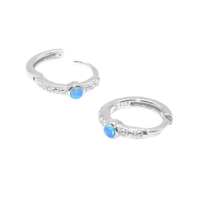 TWO LEAVES S925 Sterling Silver Blue Opal Diamond Hoop Earrings Unisex
