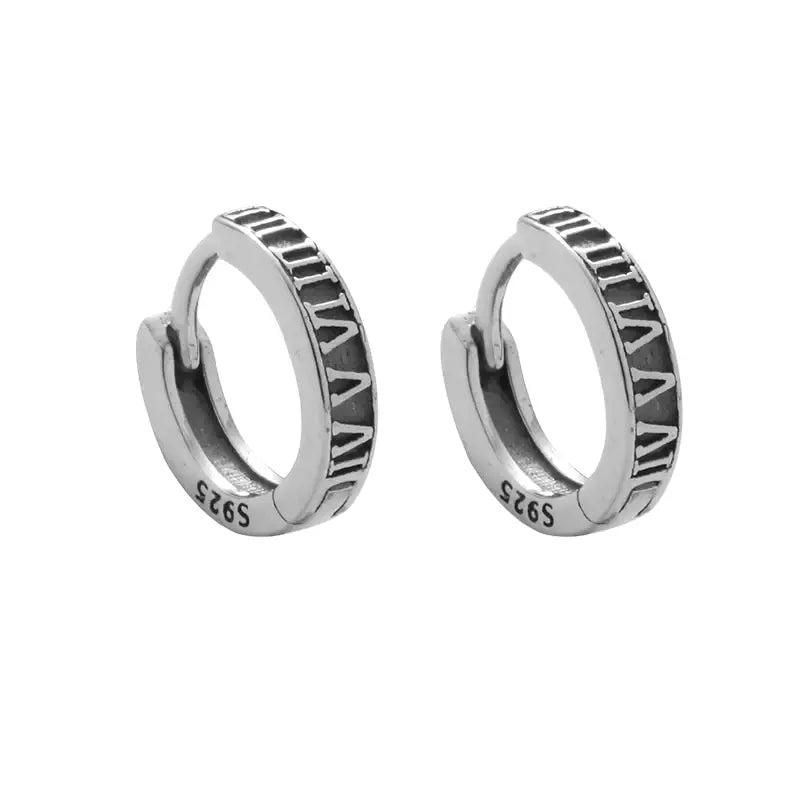 Bold S925 Sterling Silver Roman Numeral Hoop Earrings for Men & Women