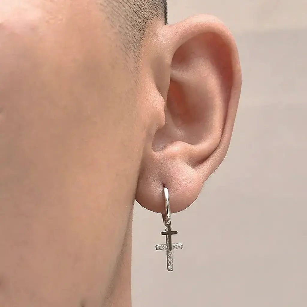 S925 Sterling Silver Double Cross Hip-Hop Hoop Earrings for Men Women