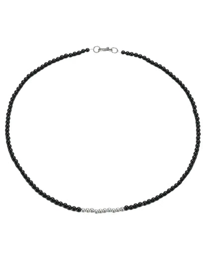 Black beaded necklace with silver accents and clasp
