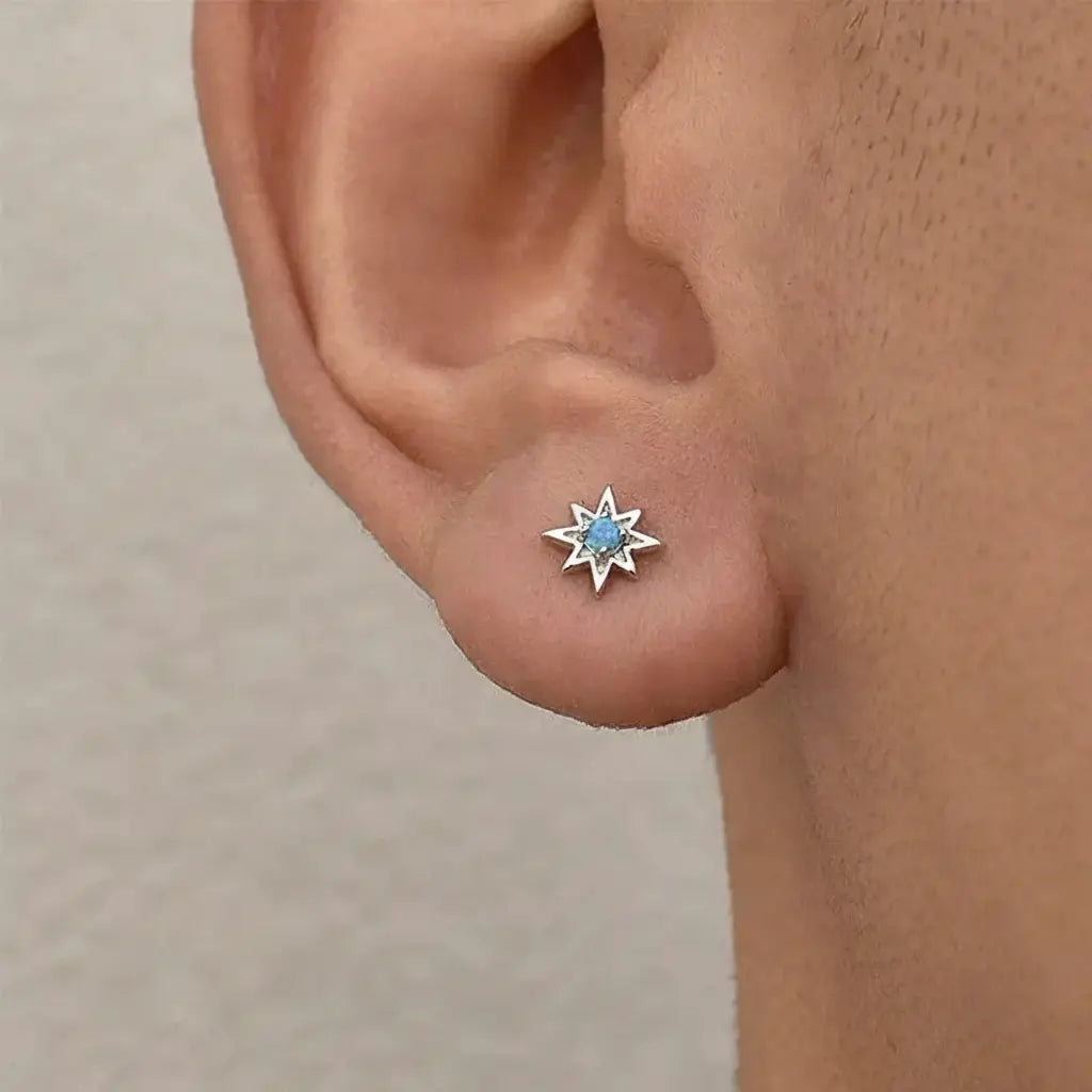 S925 Sterling Silver Octagonal Star Opal Stud Earrings – Unisex Modern Design