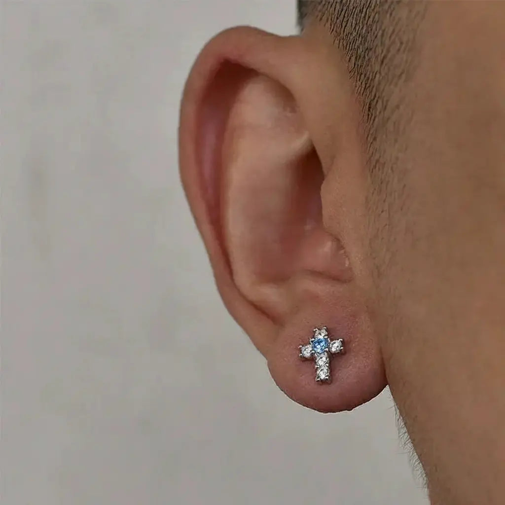 Blue diamond, universal earrings for beloved, zirconium for men and women, silver 925 sample