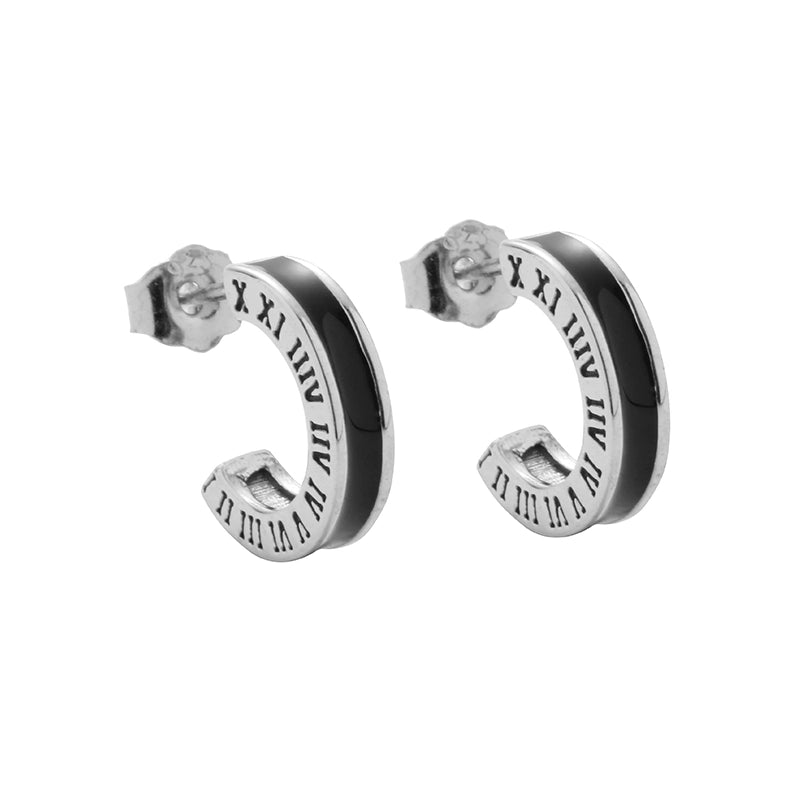 Bold S925 Sterling Silver Vintage Roman Numeral C-Hoop Ear Studs Unisex
