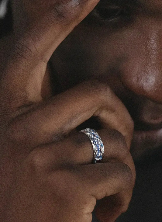 LUXTA  纯银蓝色冰川戒指 嘻哈男高级感女同款个性潮牌 开口可调