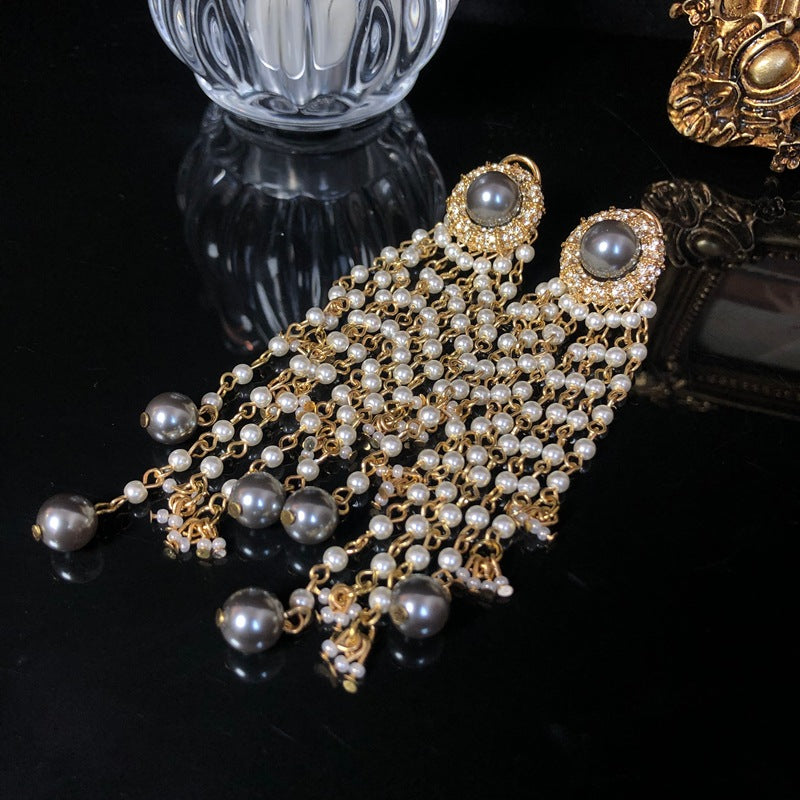 Vintage European-Style Pearl Tassel Long Earrings