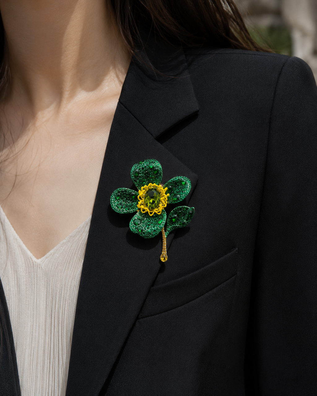 Perséphone Trèfle — Art Deco Water Diamond & Zirconia Titanium Steel Four-Leaf Clover Statement Brooch