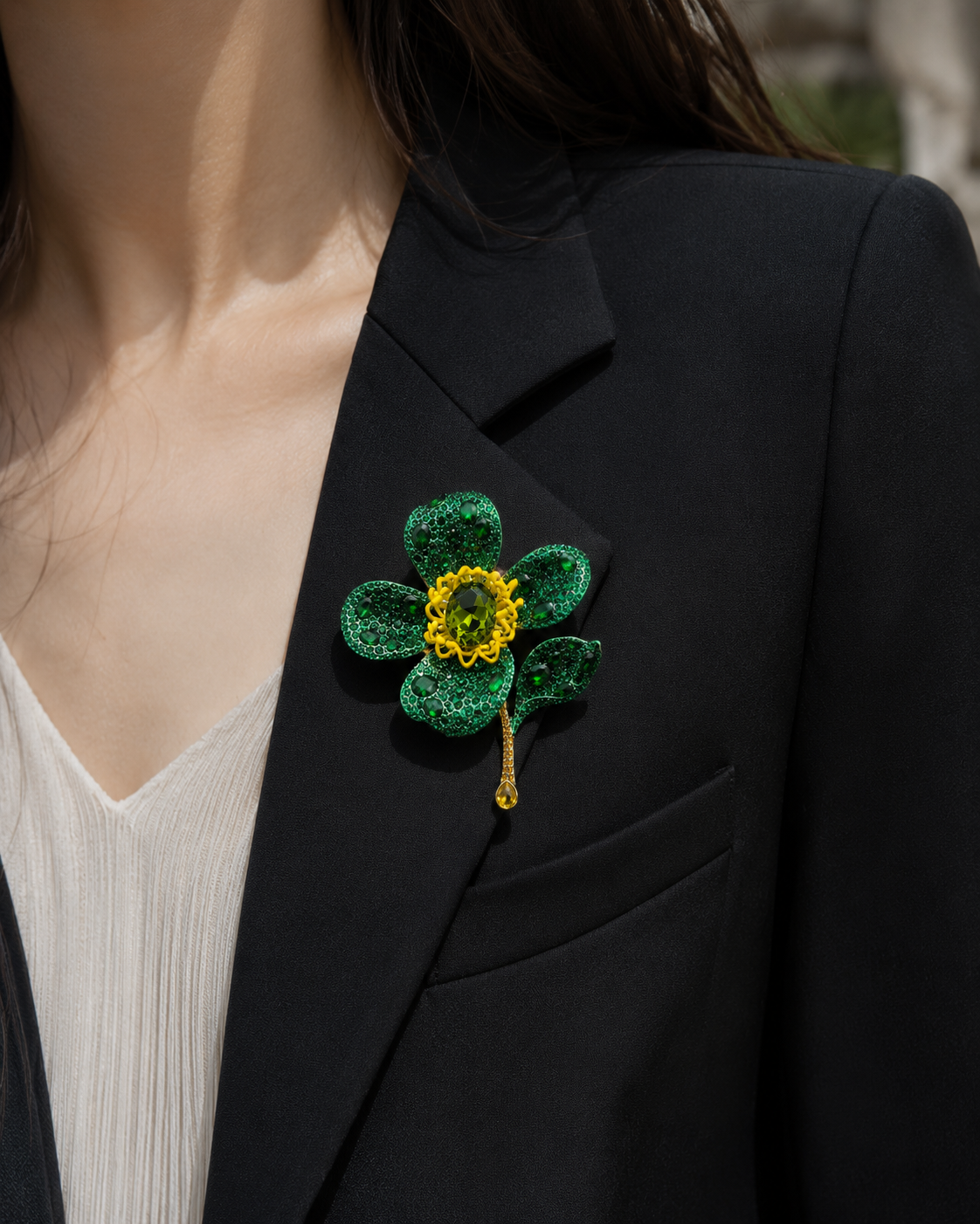 Perséphone Trèfle — Art Deco Water Diamond & Zirconia Titanium Steel Four-Leaf Clover Statement Brooch