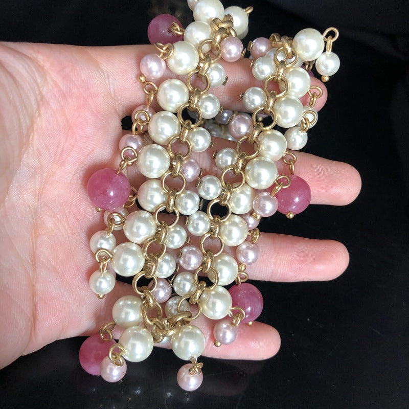 Vintage Multi-Layer Glass Pearl Tassel Necklace & Earrings Set